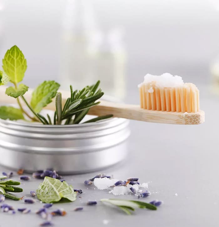 Natural dental care ingredients: wooden toothbrush, fresh herbs, and minerals for biological dentistry.