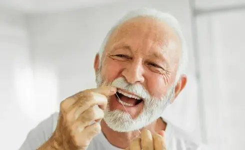 Senior man smiling while brushing teeth at home in Plantation, FL.
