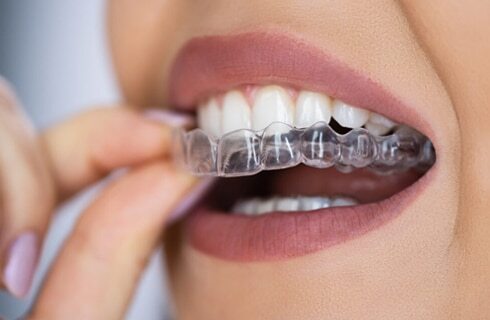 Woman holding clear aligner tray showing straightened teeth in Plantation dental practice.