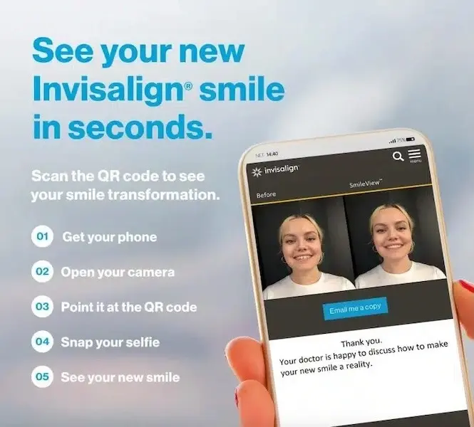 Invisalign SmileView app showing before and after smile transformation on smartphone screen.